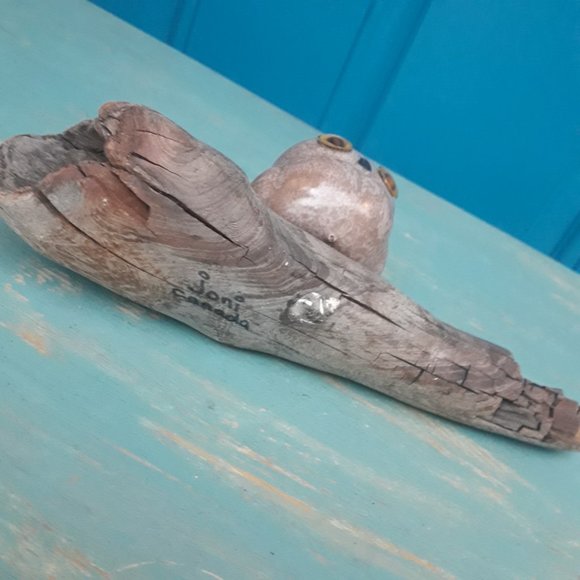 Pottery Clay Owl on Driftwood Artist Signed Glass Eyes Bird Themed Art - Picture 3 of 15